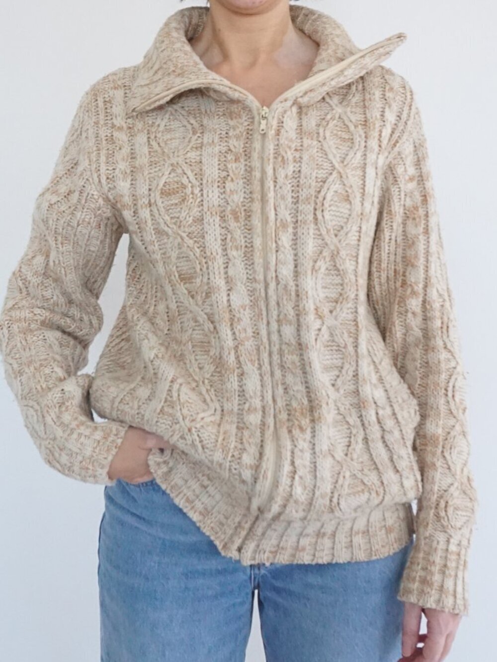 Vintage Montgomery Ward Beige Cable Knit Zip Sweater Fisherman Preppy M